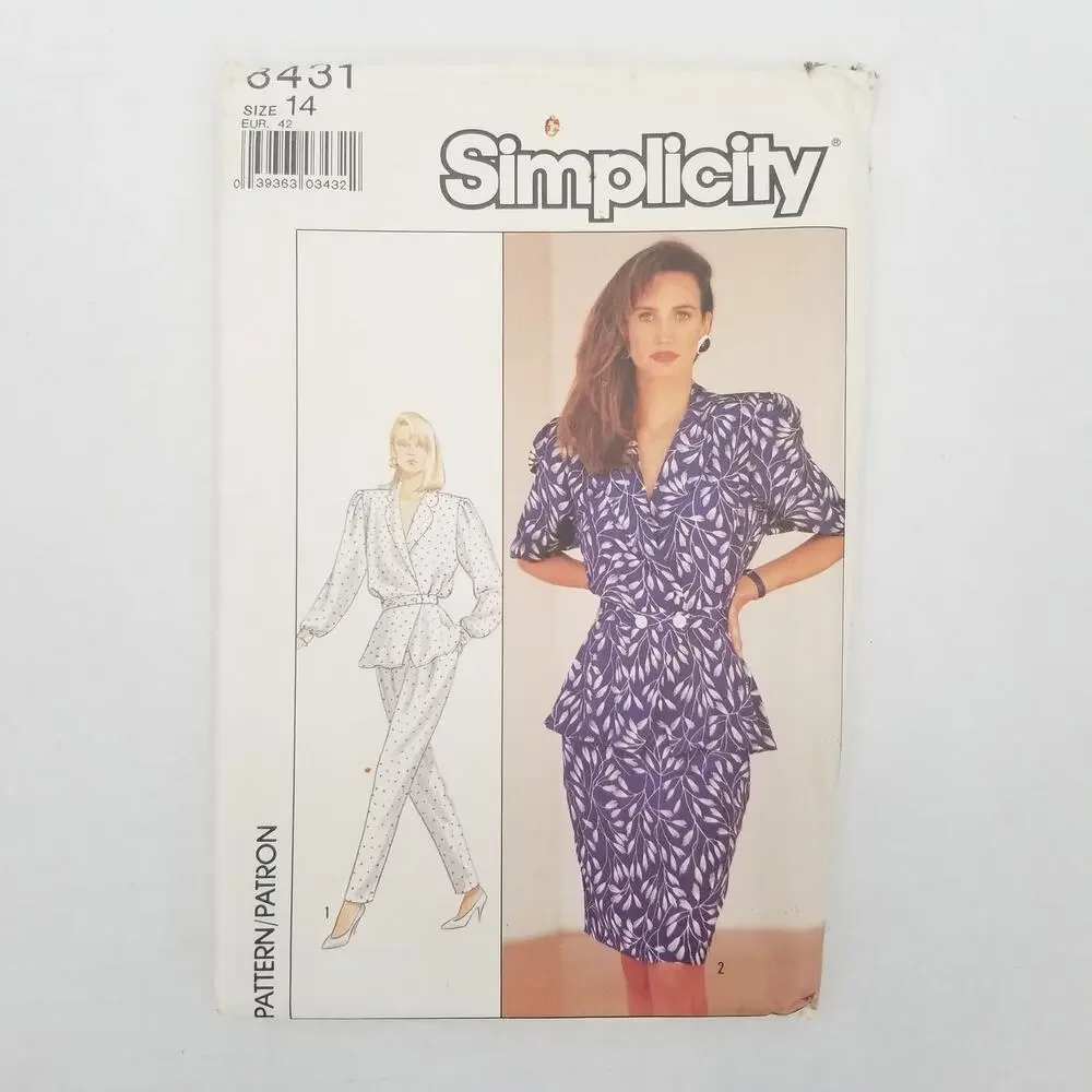 Vintage Pattern Sewing Crafts Hobby Simplicity 8431 Size 14 1980s Two Piece Set